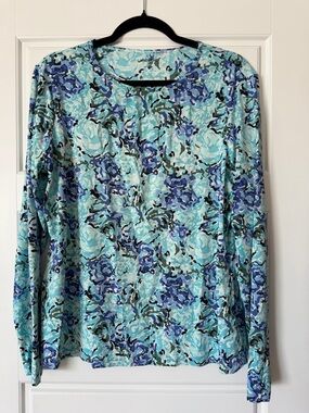 Lands' End Teal and Blue Floral Long-Sleeve Crewneck Rashguard